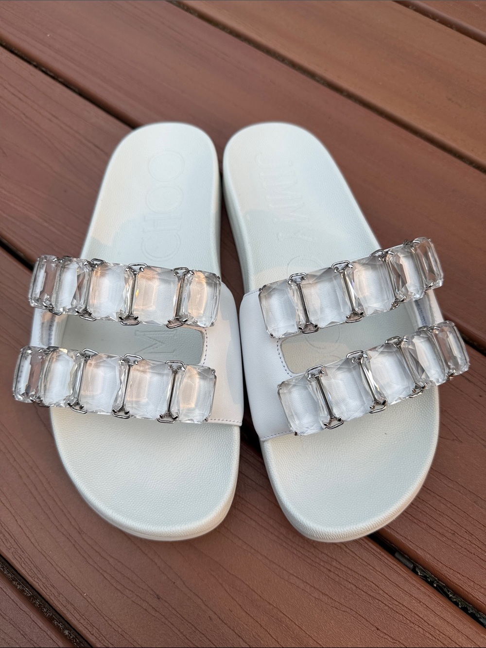 Jimmy Choo White Slide Sandals with Clear Crystal Straps